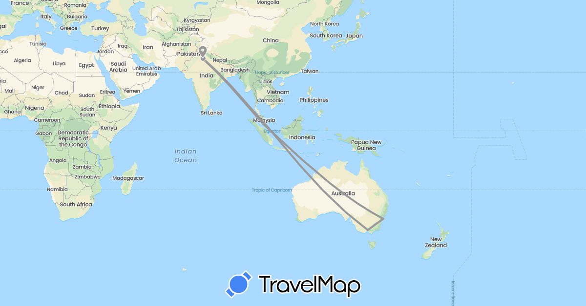TravelMap itinerary: driving, plane in Australia, India, Malaysia, Singapore (Asia, Oceania)